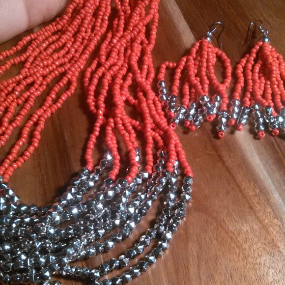 Red Seed Bead and Stainless Steel Multi-Strand Necklace and Dangle Earrings Set - Picture 9 of 11